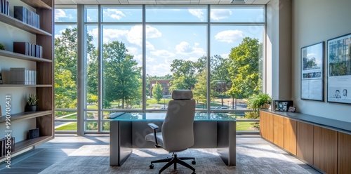 Modern Office Interior with Large Windows and a Desk