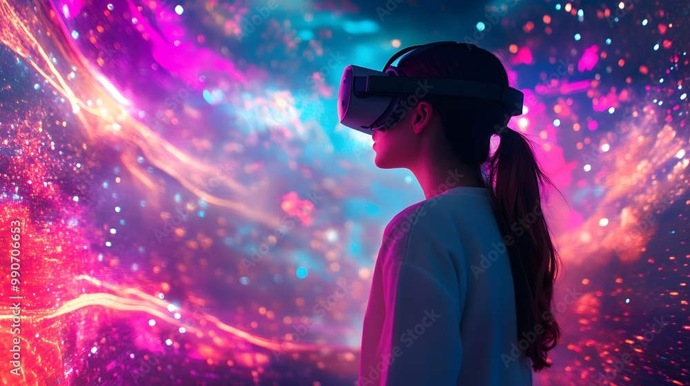 Woman Wearing VR Headset in a Dreamlike, Colorful World Woman Wearing VR Headset in a Dreamlike, Colorful World