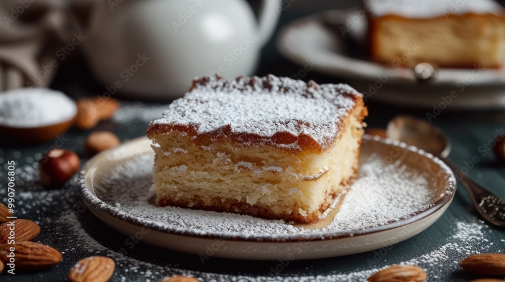Delicious Almond Cake Slice – Close-up of Homemade Nutty Dessert with Powdered Sugar Delicious Almond Cake Slice – Close-up of Homemade Nutty Dessert with Powdered Sugar