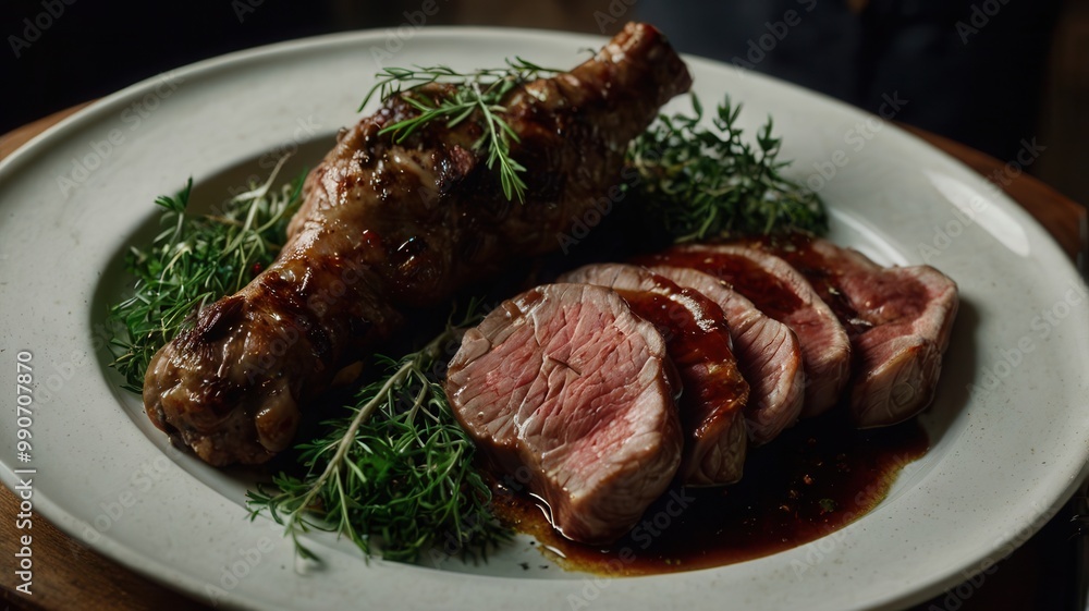 Meat, Steak with Blood, Wine, Black Pepper, Thyme, Rosemary, New Potatoes, Food, Spices, Kitchen Utensils, Wooden Slicing Board, Beef Meat, Steak with Blood, Wine, Black Pepper, Thyme, Rosemary, New Potatoes, Food, Spices, Kitchen Utensils, Wooden Slicing Board, Beef