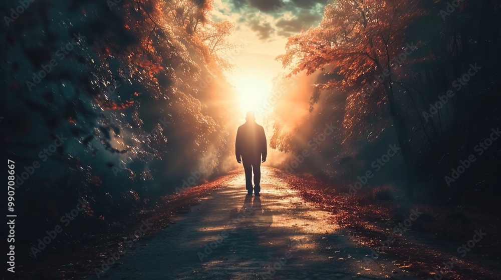 Silhouette of a Man Standing at the End of a Tunnel of Light Symbolizing the Concept of Enlightenment Silhouette of a Man Standing at the End of a Tunnel of Light Symbolizing the Concept of Enlightenment