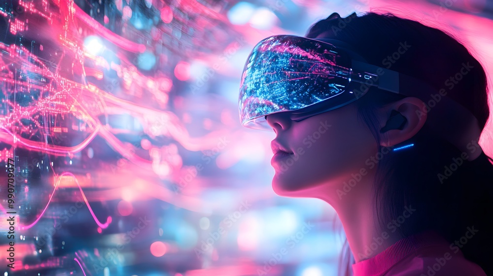 A Woman Wearing VR Headset Looking at a Futuristic Digital Interface A Woman Wearing VR Headset Looking at a Futuristic Digital Interface