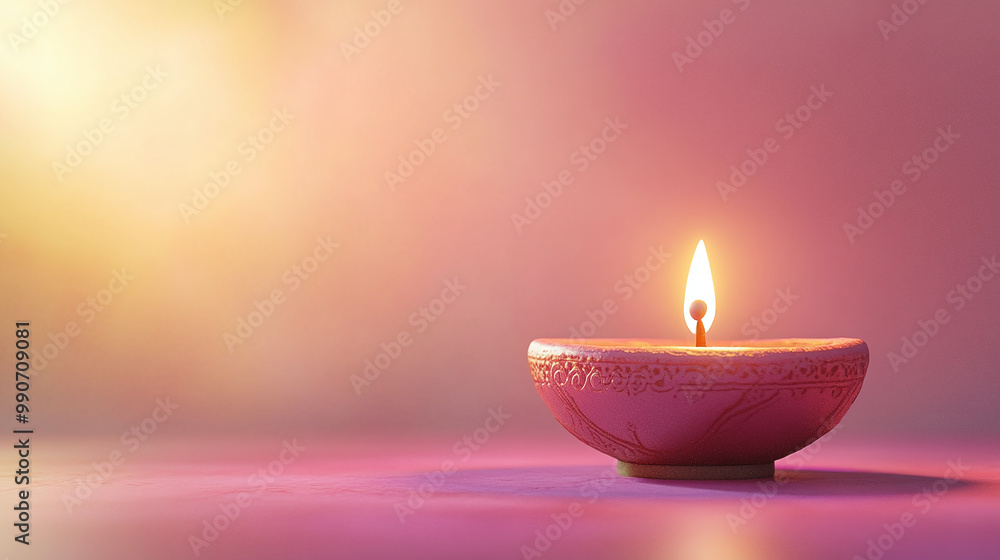 A beautifully decorated oil lamp with a burning candle on a blurred background of warm lights, symbolizing the festive spirit and joy during the Diwali festival celebration A beautifully decorated oil lamp with a burning candle on a blurred background of warm lights, symbolizing the festive spirit and joy during the Diwali festival celebration