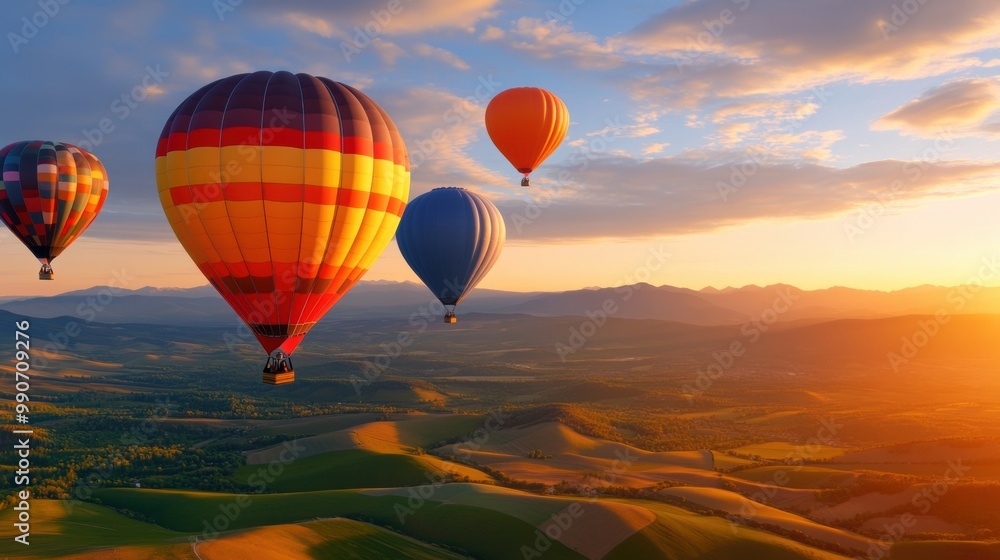 A group of hot air balloons flying over a green landscape, AI A group of hot air balloons flying over a green landscape, AI