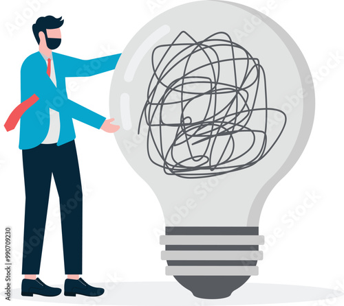 Failed idea, looking for a solution to the cause of business failure, confused businessman looking at a broken idea light bulb.


