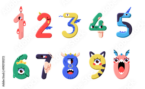 Funny monsters' numbers set. Figures for kids birthday. Cute letters with dinosaur shape of childish font. Numeral animals forms. Elementary education. Flat isolated vector illustrations on white