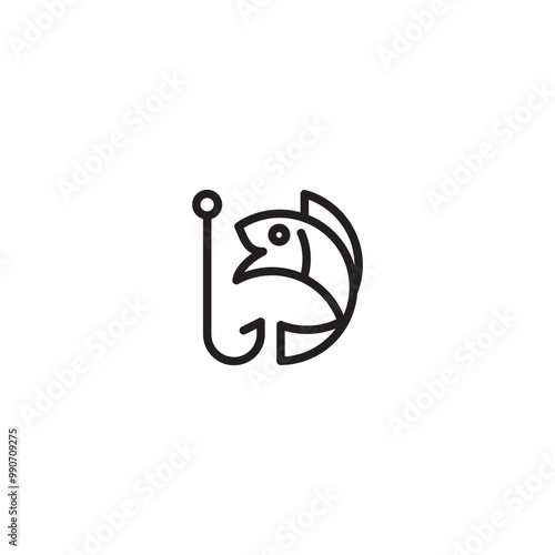 A fish being hooked on icon. A line drawing of a fish being hooked by a fishing hook, representing fishing, angling, or catching fish. Editable icon.