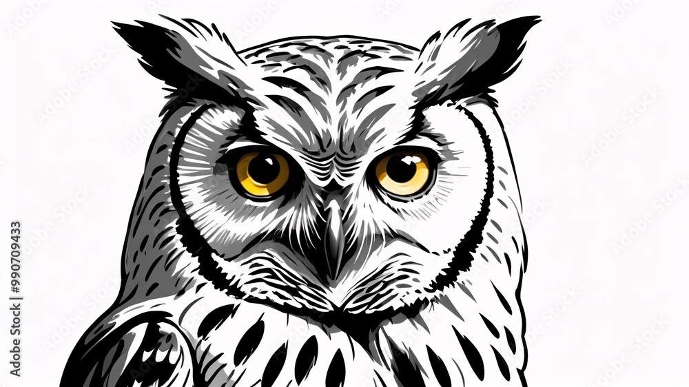 Fototapeta premium Black and white illustration of an owl with yellow eyes.