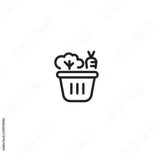 A basket with vegetables on icon. A line drawing of a basket filled with vegetables, representing fresh produce, healthy eating, or grocery shopping. Editable icon.