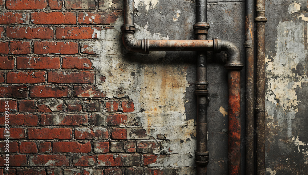 A textured wall with exposed bricks, metal pipes, and raw concrete, offering a modern, urban, and gritty aesthetic A textured wall with exposed bricks, metal pipes, and raw concrete, offering a modern, urban, and gritty aesthetic
