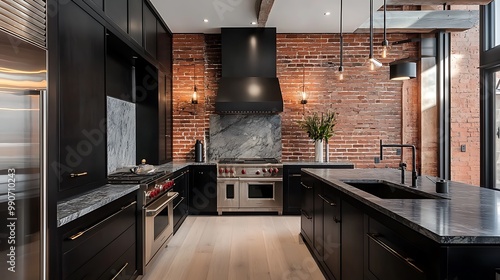 Wallpaper Mural Modern Minimalist Kitchen Room with Wooden Table, luxurious Interior Design, Furniture with Background Torontodigital.ca