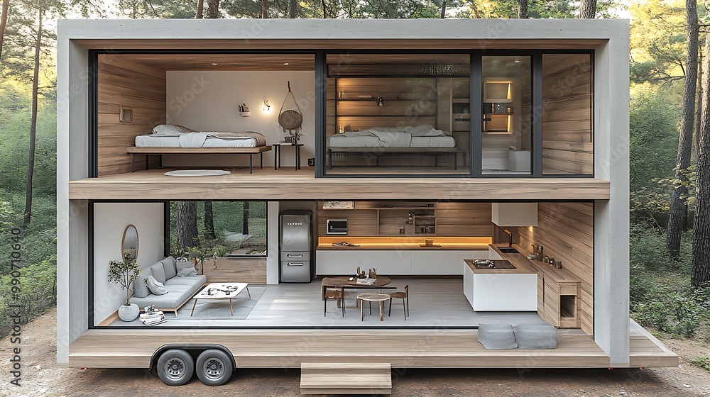A modern tiny house with an open floor plan, large floor-to-ceiling windows, smart storage solutions integrated into sleek wooden walls, a small kitchenette and lofted bedroom, surrounded by nature, A modern tiny house with an open floor plan, large floor-to-ceiling windows, smart storage solutions integrated into sleek wooden walls, a small kitchenette and lofted bedroom, surrounded by nature,