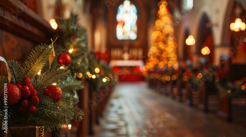 Elegant Christmas service background with a church interior and decorations