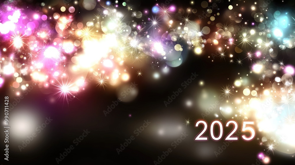 Obraz premium Glowing celebration of the new year 2025 with bright lights and colorful bokeh on a dark backdrop, illuminating hopes and dreams