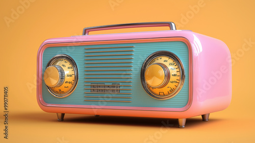 A 3D render of a pastel color retro radio. The radio is a vintage model