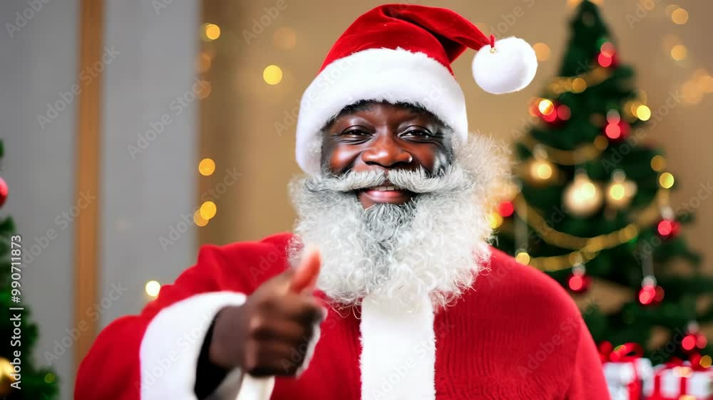 Black Santa Smiling and Giving Thumbs-Up by a Christmas Tree Black Santa Smiling and Giving Thumbs-Up by a Christmas Tree