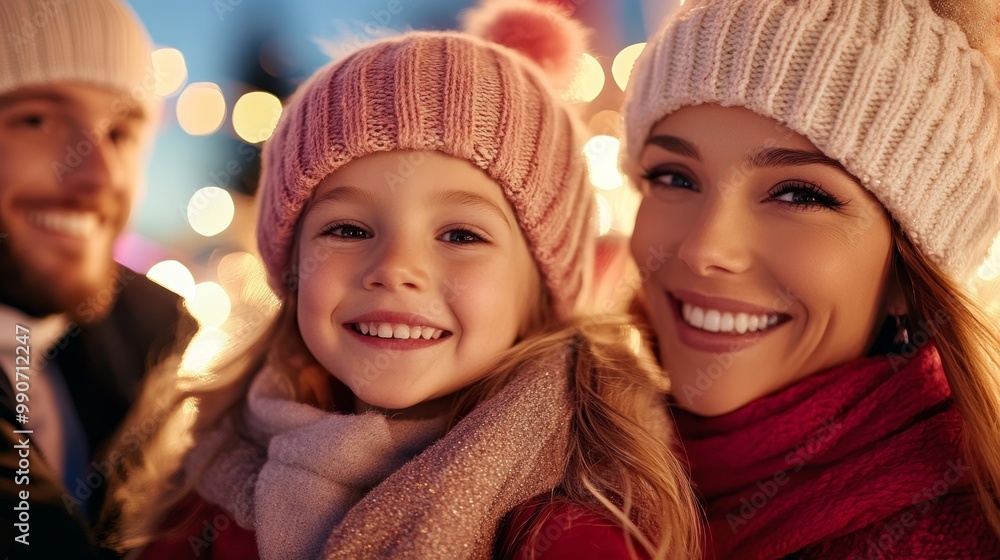 A cheerful family poses with warm smiles against a backdrop of twinkling holiday lights in the evening, for christmas A cheerful family poses with warm smiles against a backdrop of twinkling holiday lights in the evening, for christmas