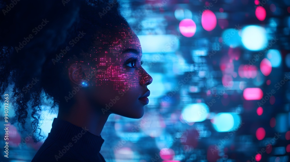 Remote work scene, African American woman in profile, glowing AR data and AI visual effects, futuristic, inclusive workplace, cyberpunk influence, dark neon blue background Remote work scene, African American woman in profile, glowing AR data and AI visual effects, futuristic, inclusive workplace, cyberpunk influence, dark neon blue background