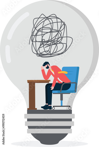 The business man in the light bulb is confused and uninspired

