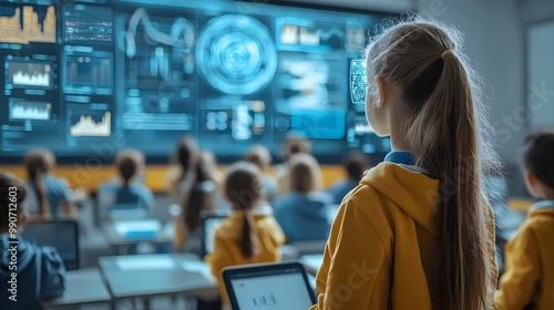 School students using futuristic AI technology in a classroom, surrounded by holographic data streams, interactive touchscreens, and machine learning algorithms