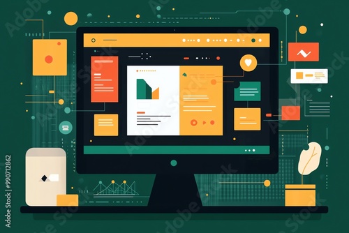 Desktop computer with an open web browser displaying graphs, charts, and icons.