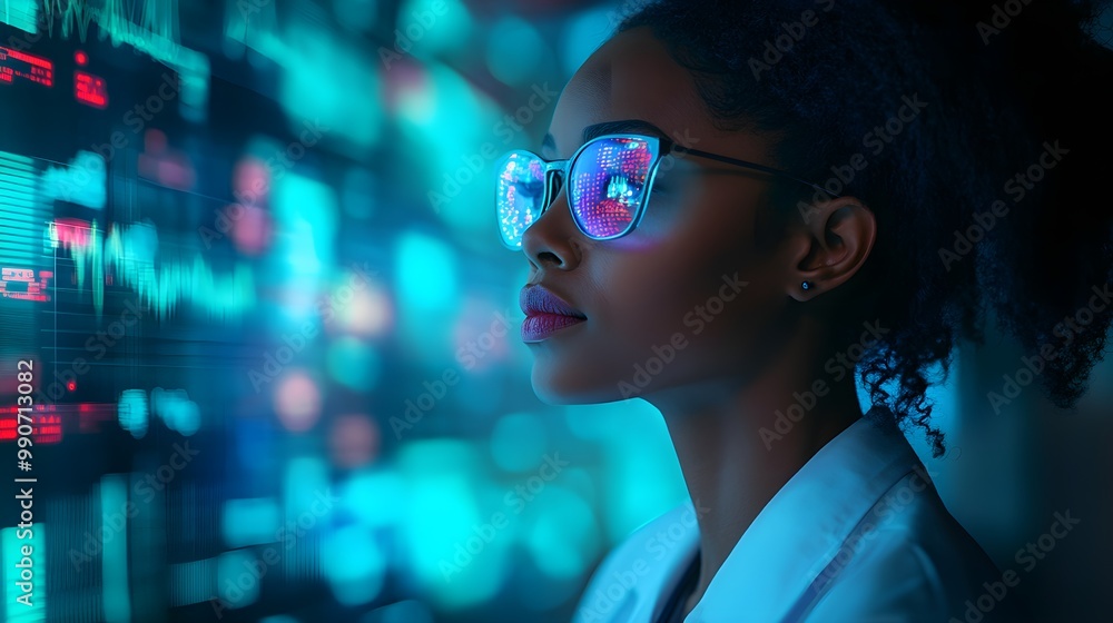 Side profile of a Black female pharmacist analyzing holographic AI data in a futuristic lab, neon lights reflect on her face, glowing medical charts hover in front of her, digital art, sci-fi style Side profile of a Black female pharmacist analyzing holographic AI data in a futuristic lab, neon lights reflect on her face, glowing medical charts hover in front of her, digital art, sci-fi style