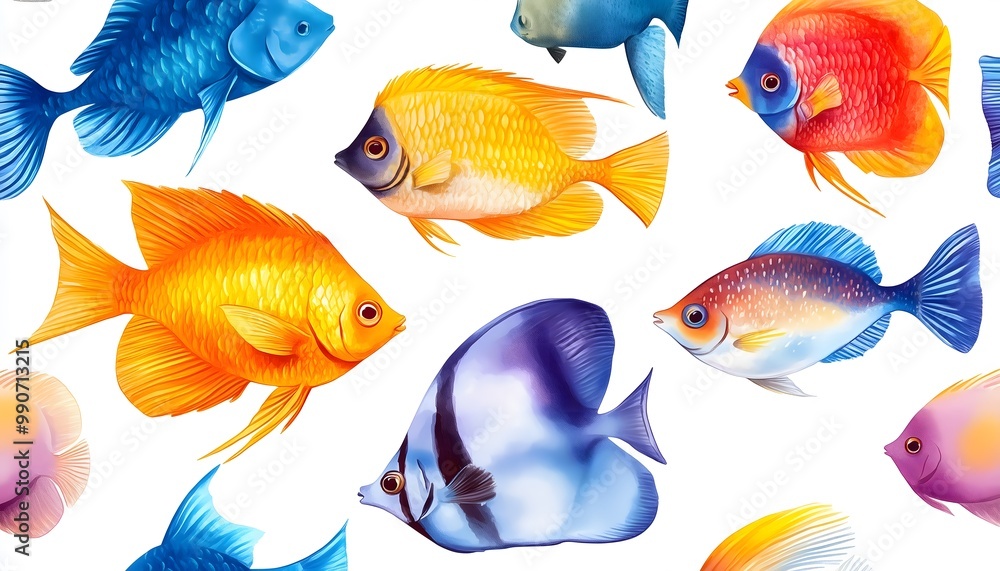 Naklejka premium A seamless pattern of colorful fish isolated on a white background