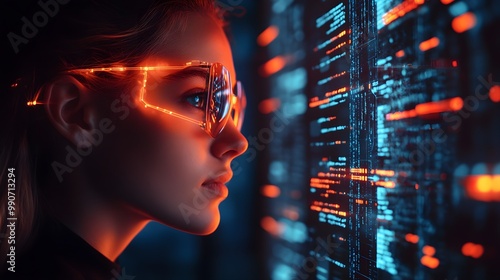 Side profile of a student in a digital classroom, analyzing augmented reality data on cybersecurity, glowing neon lights, holographic interface, dark background, AI theme