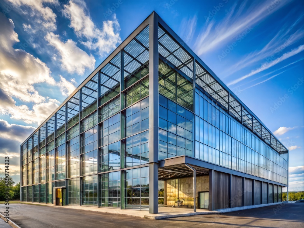 Obraz premium The industrial building's exterior is characterized by a large sheet of glass, held in place by a concrete