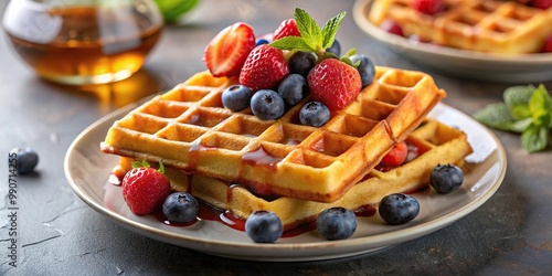 Warm fluffy Belgian waffles with maple syrup and berries