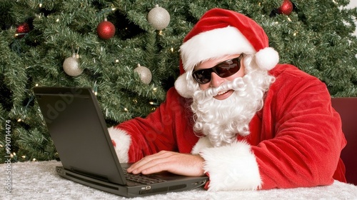 A cheerful man in a Santa costume joyfully types on a laptop while hiding behind a Christmas tree in a bright room