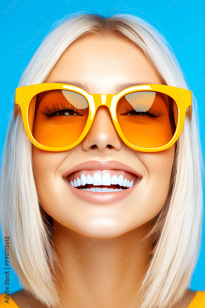 A blonde woman with yellow sunglasses on her face is smiling. She has a bright and cheerful mood A blonde woman with yellow sunglasses on her face is smiling. She has a bright and cheerful mood