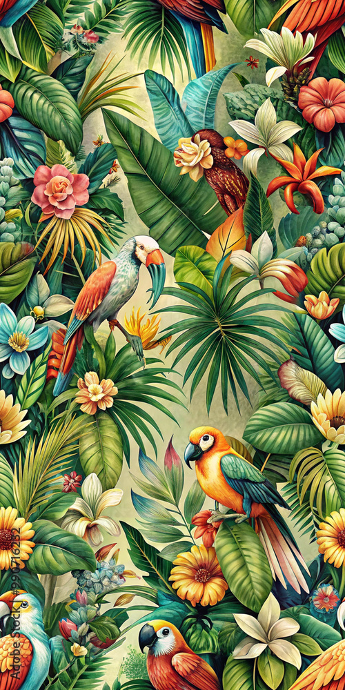 Lush tropical pattern featuring vibrant fruits, flowers, and large green leaves, symbolizing a tropical paradise with bright colors and exotic vibes. Lush tropical pattern featuring vibrant fruits, flowers, and large green leaves, symbolizing a tropical paradise with bright colors and exotic vibes.