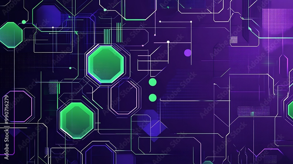 Fototapeta premium Abstract digital background with glowing neon green and purple geometric shapes.