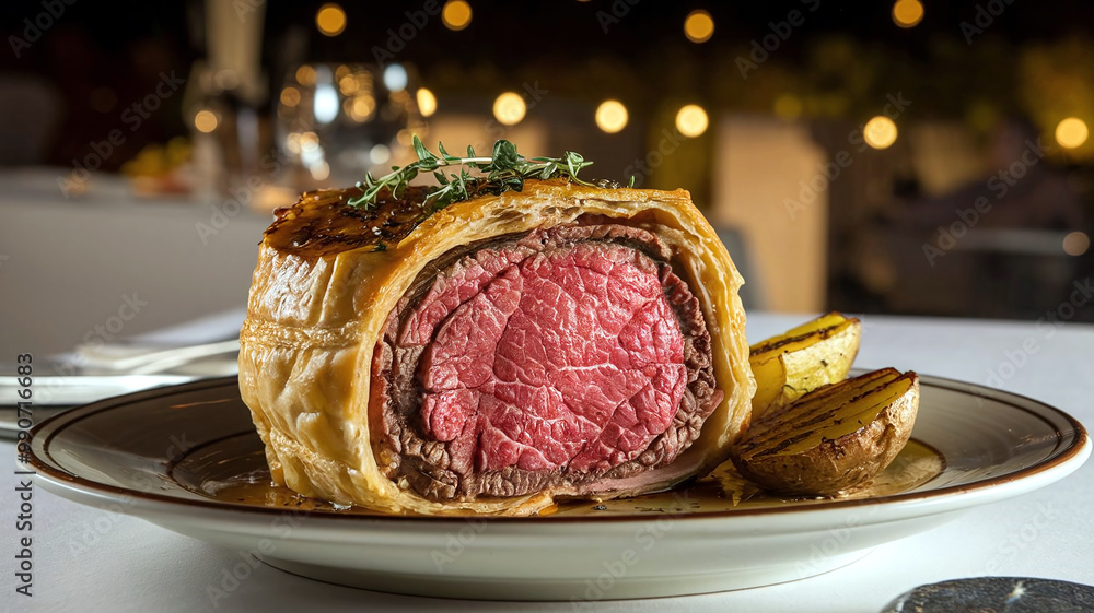 Delicious medium-rare Beef Wellington served with crispy pastry, grilled potatoes, and fresh herbs on a plate. Perfect gourmet cuisine in an elegant restaurant setting. 