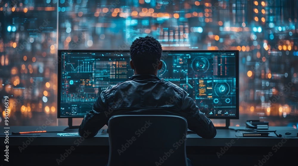 African American specialist interacting with AI-enhanced security algorithms, augmented reality elements, futuristic interface, data breach analysis African American specialist interacting with AI-enhanced security algorithms, augmented reality elements, futuristic interface, data breach analysis