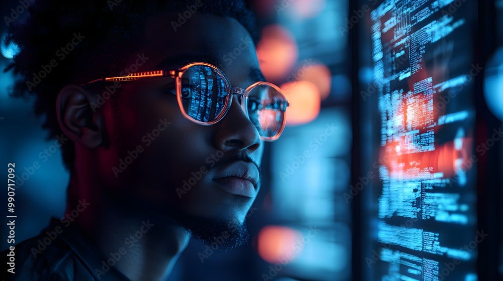 African American student analyzing holographic AR data, futuristic classroom setting, cyber security information streams, dark tones, glowing neon light, side profile, tech collage African American student analyzing holographic AR data, futuristic classroom setting, cyber security information streams, dark tones, glowing neon light, side profile, tech collage