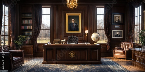 Wallpaper Mural Luxurious Wooden Office with Leather Seating and a Globe Torontodigital.ca