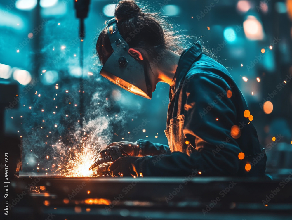 Woman welding metal in a high-heat environment, sparks flying. Woman welding metal in a high-heat environment, sparks flying.