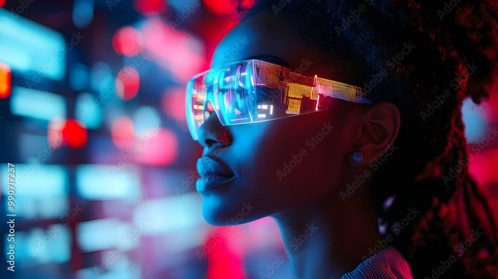 African American student interacts with AR, analyzing digital privacy leaks in a futuristic classroom, neon tech vibe, glowing holograms, high-contrast tech elements, side profile African American student interacts with AR, analyzing digital privacy leaks in a futuristic classroom, neon tech vibe, glowing holograms, high-contrast tech elements, side profile