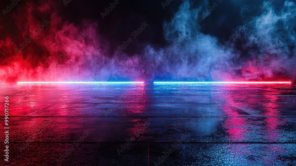 Naklejka premium Surreal Fantasy Landscape with Vibrant Atmospheric Lighting and Mysterious Smoke