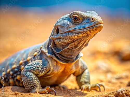 The uromastyx lizard pushes up from the desert floor, its miniature legs and delicate feet preserved in sharp photo