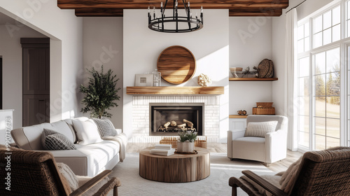 Charming modern farmhouse living room featuring a mix of vintage and contemporary decor. A rustic wood mantel holds decorative items, while a modern chandelier provides an updated farmhouse look photo