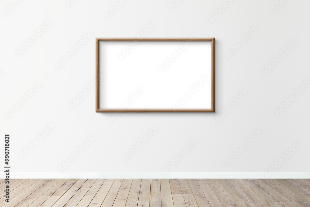 Wooden picture frame mockup hanging on a gray wall Wooden picture frame mockup hanging on a gray wall