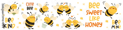 Vector collection of cute children's illustrations. Cute bees collecting honey, hugging kissing and flying. A set of lettering and lettering with a bee theme. . Vector illustration