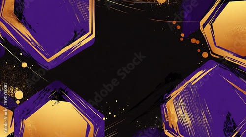 Abstract background with gold and purple hexagons on black background. photo