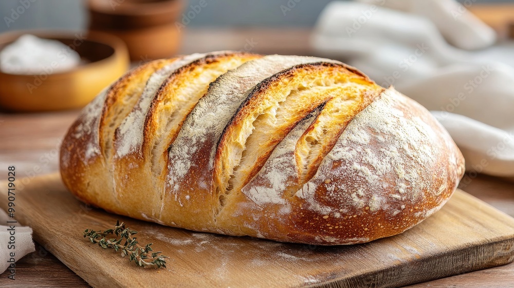 A delicious loaf of sourdough bread, freshly baked and ready to be sliced for a tasty breakfast. A delicious loaf of sourdough bread, freshly baked and ready to be sliced for a tasty breakfast.