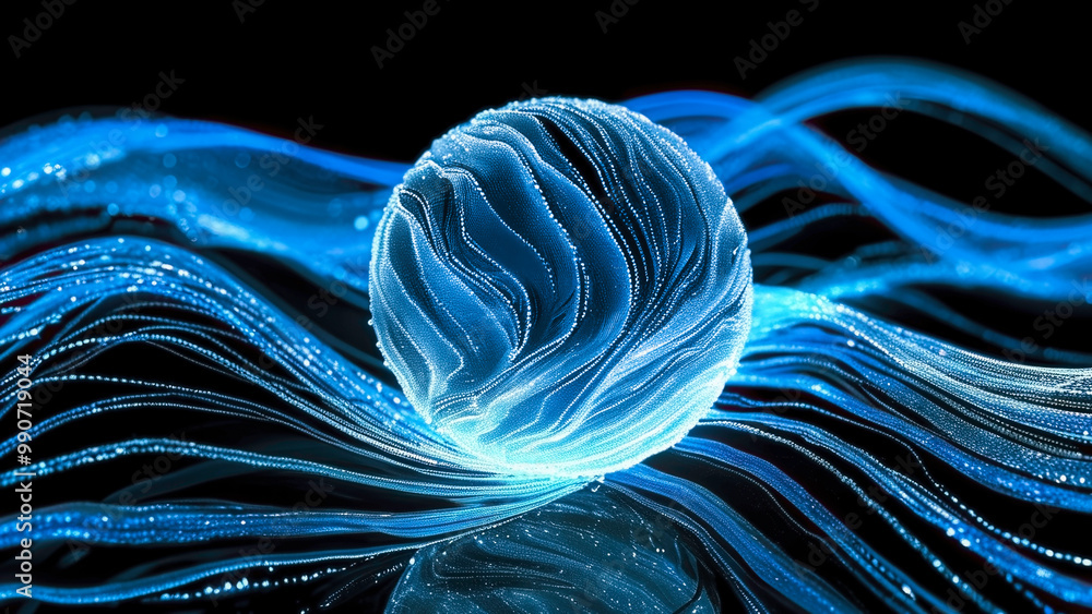 Fotografie Translucent relief sphere on blue sparkling waves, abstract blue neon background