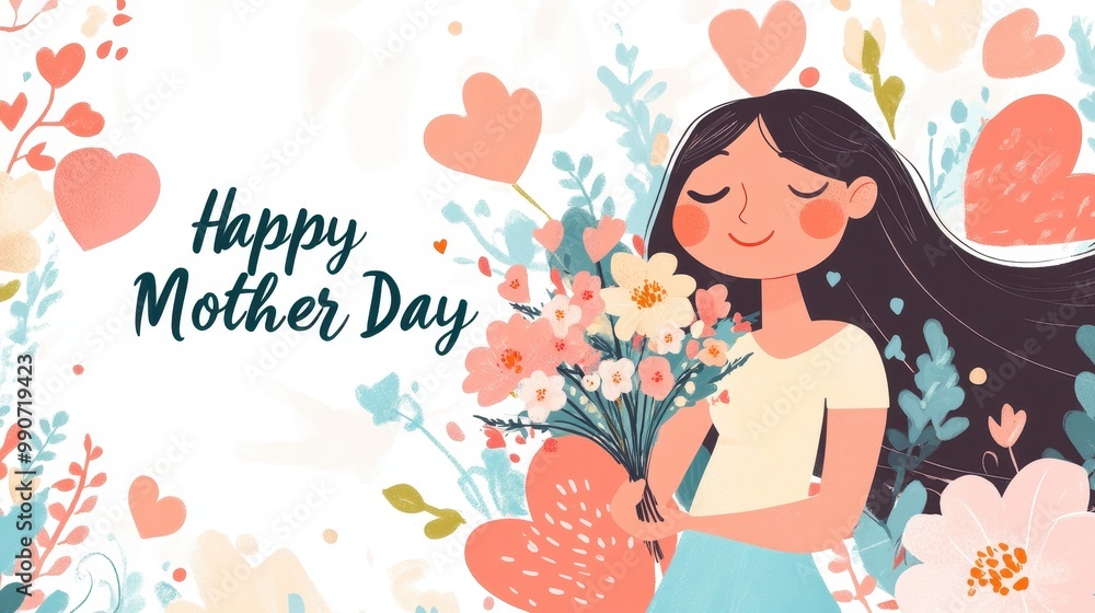 A cheerful Mother's Day banner features a mom with flowers, hearts, and colorful blooms A cheerful Mother's Day banner features a mom with flowers, hearts, and colorful blooms