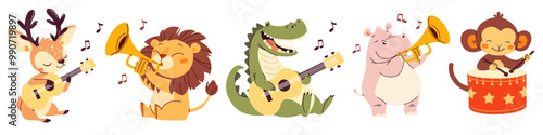 Set of flat vector in child style on white background. Cute hippo lion reindeer monkey playing musical instruments. Trumpet harmonica accordion bayan drums guitar. Vector illustration